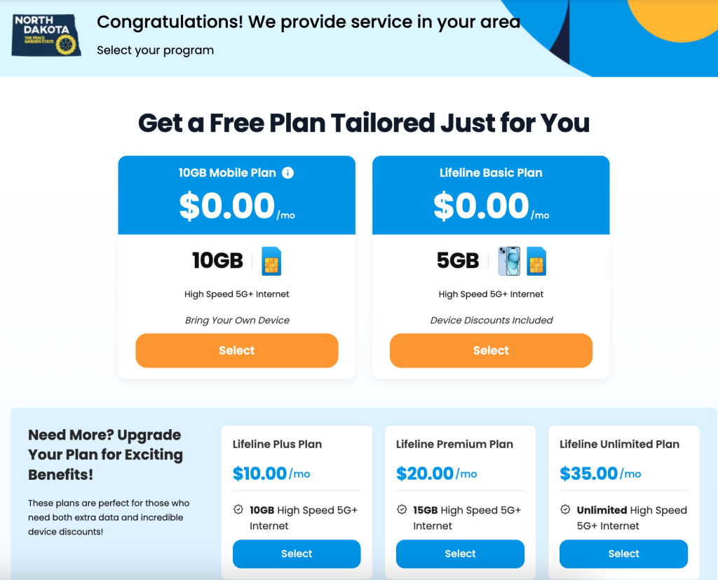 free government phone plan north dakota