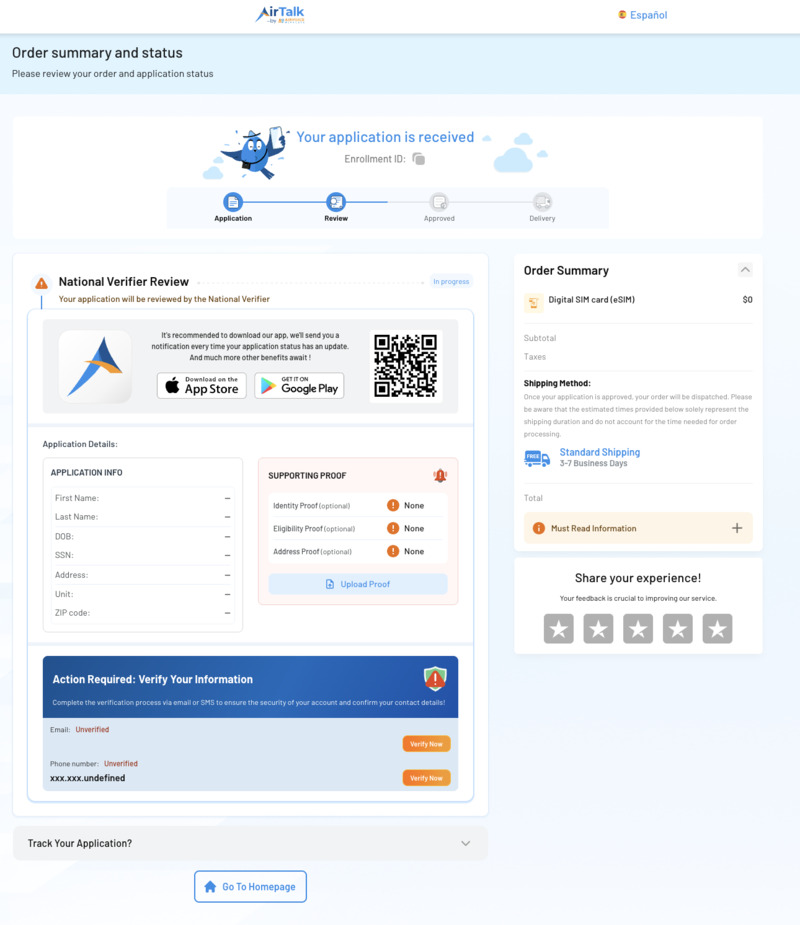 National Verifier check status AirTalk Wireless